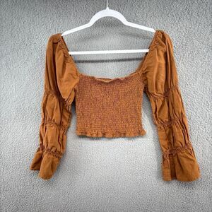 Charlie Holiday Smocked Puff Sleeve Crop Top Rust Linen Blend Boho Size 6